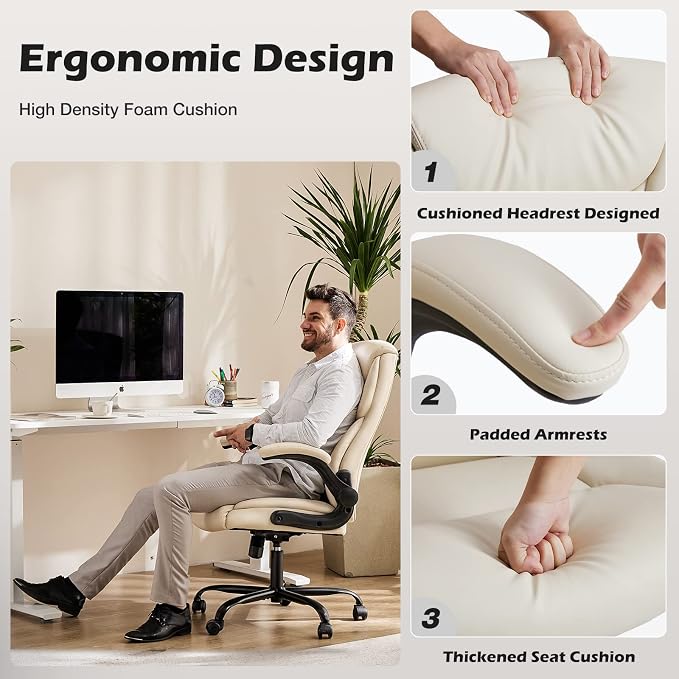 DUMOS Leather Office Chair, Computer Desk Chair, Lumbar Support | Adjustable Flip-Up Armrest, Swivel Rolling Wheels, Strong Metal Base, Cream White