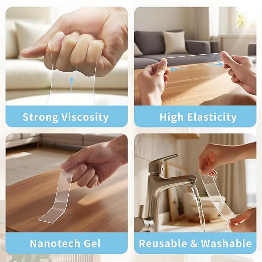 Heavy Duty Double Sided Tape, 2 x 80 in, Clear, 1 Pack | Removable washable nano gel holds 6 lbs per 4 sq in; wide clear tape for carpet, posters, pictures, home office and RV