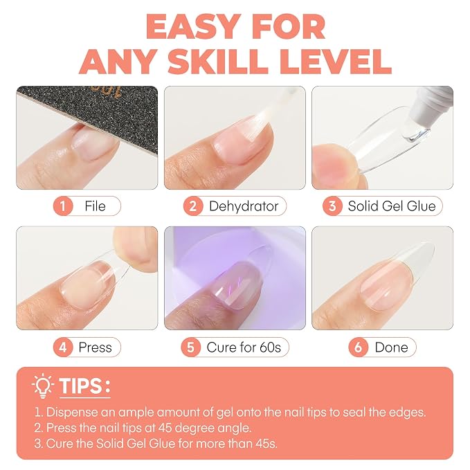Soft Gel Nail Tips Glue, 4 in 1 40ml Super Strong Nail Glue for Press ons, 28 Days Long Last Solid Glue Gel Soak Off for Acrylic Fake Nails Extension Lamp Curing Needed