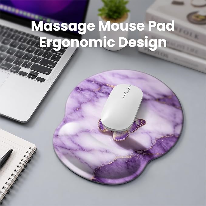Mouse pad with Wrist Rest,Relieving Pain Memory Foam Computer pad, Ergonomic Desktop Mouse, Silicone Material Mouse pad, with Non-Slip PU Base (Purple Marble)