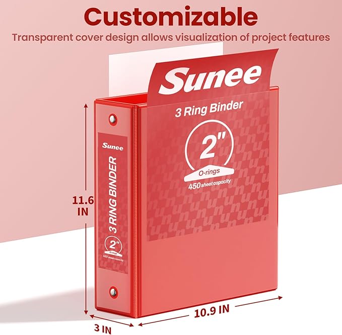 SUNEE 3 Ring Binder 2 Inch 1 Pack, Clear View Three Ring PVC-Free (Fit 8.5x11 Inches) for School or Office Supplies, Red