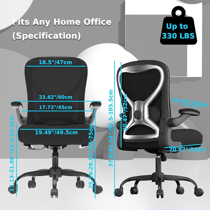 Ergonomic Home Office Chair, 4-Way Lumbar, Thick Cushion, 330LBS | Adjustable Lumbar (up/down/in/out), Rocking Mesh Back, Flip-up Arms, Easy Assembly, Ideal for home offices & small workspaces