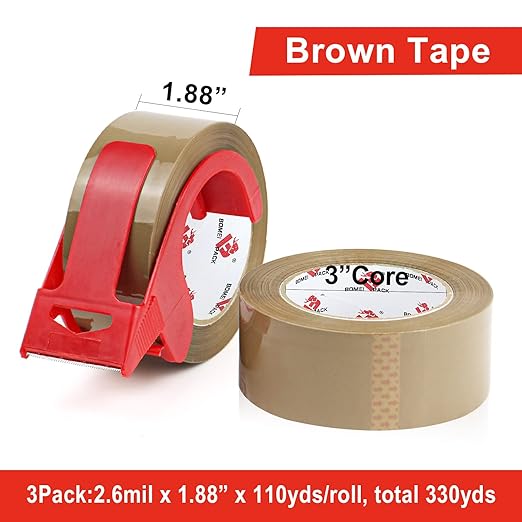 BOMEI PACK Heavy Duty Brown Packing Tape with Dispenser, 2.6 mil, 1.88 inch x 110 Yards (3 Pack), Total 330Y, Brown Tape Refills for Shipping, Mailing, Moving & Storage