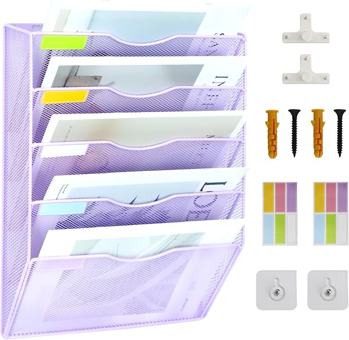 5 Pockets Mesh Wall File Holder Organizer Office Hanging File Folder Magazine Rack, Nametag Label Hooks Set Included (Purple)