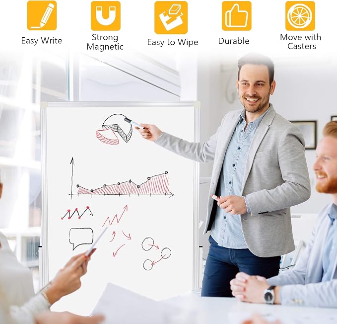 24"x36" Dry Erase Board with Stand - Adjustable Height Double Side Mobile Magnetic Rolling Whiteboard on Wheels for Home, Office & School
