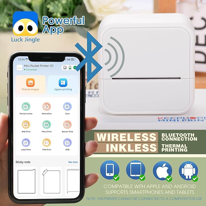 KEEPHOPE Label Maker Machine with 6 Tapes, Thermal Label Maker, Portable Mini Bluetooth Label Printer with Clear Tape for Home, Kitchen, School White