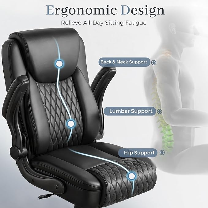 GTPOFFICE Executive Office Chair with Comfortable Lumbar Support, Ergonomic Gaming Chair with Flip-up Armrests & Zoned Pressure-Relief Cushion, Comfy PU Leather Desk Chair, Light Black