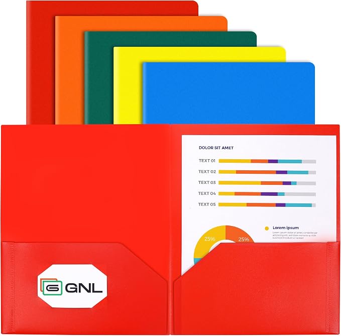 GNL Plastic Folders with Pockets, Pack of 5, Colored Heavy Duty 2 Pocket File Folders Letter Size, Pocket Folders for School, Home, and Office