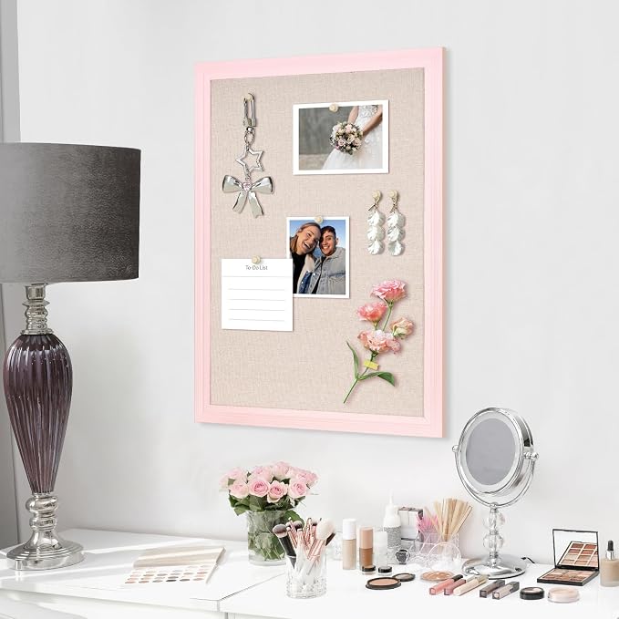 DOLLAR BOSS Bulletin Boards with Linen, 36"x24" White Cork Board, Pink | Corkboards for Walls, Framed Pin Board, Picture Display Vision Board, For Office Home School Girls Dorm Decor, 10 Pushpins