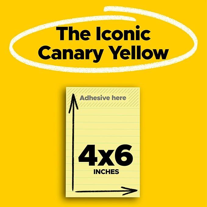 Post-it Super Sticky Notes, 4x6 in, 5 Pads, 2X The Sticking Power, Canary Yellow, Recyclable