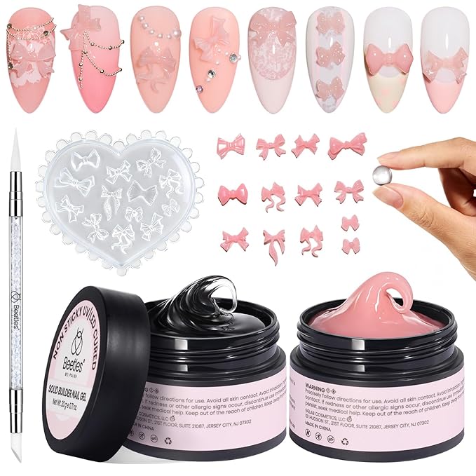 Beetles 3D Gel Nail Art with 3D Mold-2 Pcs Ballet Whisper Clear&Pink Solid Builder Nail Gel,Non-Sticky Sculpting, Dual-Ended Sculpture Pen, Beginner Friendly DIY at Home,UV LED Lamp Needed