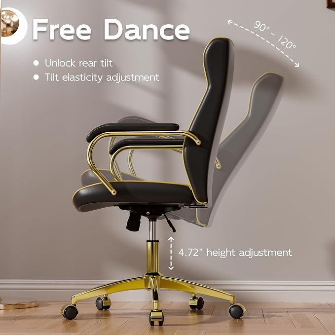 Black and Gold Office Chair, Luxury Leather Executive Desk Chair | Elegant Timeless Appeal, Vintage Mid Back Styling with Wheels and Padded Arms, Thick High Density Foam Comfort