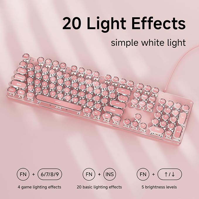 Wired Typewriter Style Mechanical Keyboard with White Backlit, Cute-Pink | Retro Punk Round Keycaps, Metal Panel, Clicky Blue Switch, 104 Keys Full Size Desk Setup for Windows PC, Mac, Desktop, Laptop