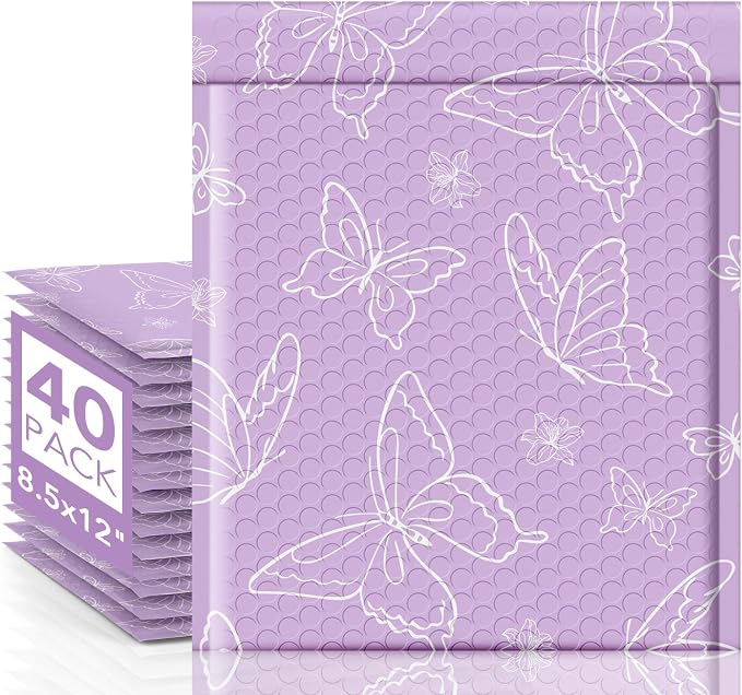 Metronic Cute Design Bubble Mailers 8.5x12 Inch 40 Pack Purple Butterfly | Usable Size 8.5x11 Waterproof Padded Envelopes for Small Business, Cushioning Bubble Bags, Shipping Envelopes for Gift, Books
