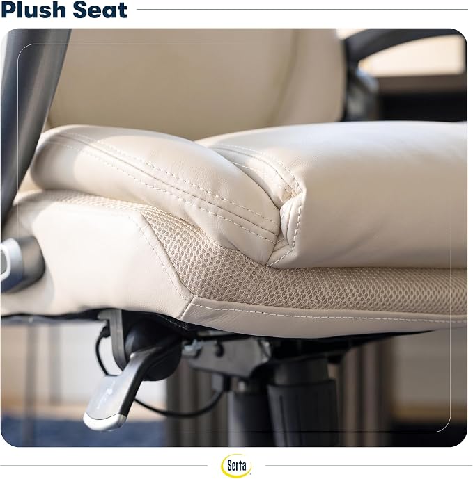Serta Bryce Executive Office Chair - Ergonomic Computer DeskChair with Lumbar Technology - Adjustable Height - Memory Foam Body Pillows - 360° Swivel Rolling Base - Bonded Leather - Cream