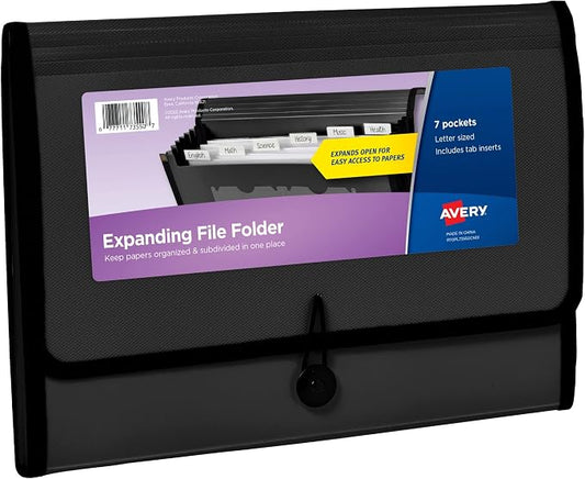 Avery® Expanding File Folder Organizer, 7-Pocket Accordion File Organizer, Black, Holds 425 Letter/A4-Size Sheets (73550)