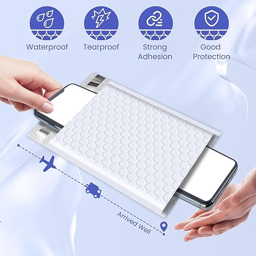 Fuxury Bubble Mailers 5x8.6" 50 Pack White Waterproof Padded Envelopes Usable Size 5x7" Self Seal Bubble Envelopes Padded Mailers Shipping Bags for Mailing Jewelry Makeup Small Business