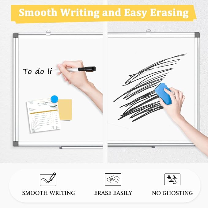 2 Pack Double-Sided Magnetic Aluminum Frame Whiteboard, 24" x 18" | White Board for Wall, Hanging Mounting White Board Dry Erase Board Marker Board for Kitchen, Memo, School, Home, Office