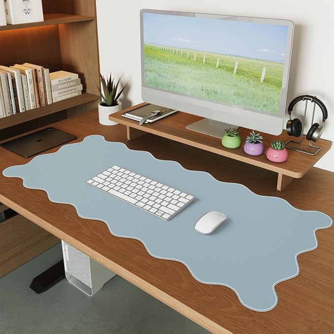 iCasso Blue Scalloped Mouse Mat, 35.4"x15.7" Computer Mat for Office | Adorable Non-Slip Base Scalloped Mousepad for Home, Floral Desk Pad Stitched Edges for Study Office Computer Setup