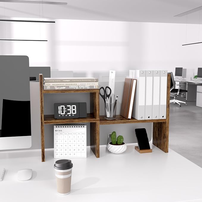 Jerry & Maggie Adjustable Wood Desktop Display Shelf Natural Wood Tone | Wooden Desk Organizer, Cute Dorm & Cubicle Decor. Stores Makeup & Mini Plants, Space-Saving Storage for Small College Rooms
