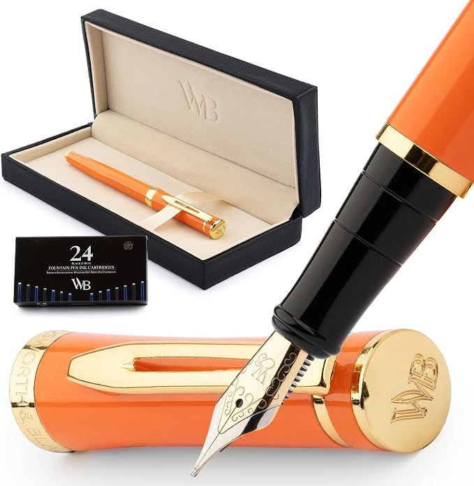 Wordsworth & Black Luxury Fountain Pen Set for Writing, Medium Nib, Orange | Gift for Men & Women, Brass Body, 18K German Iridium, Calligraphy, Converter + 24 Ink Cartridges, Refillable, Leak-Free