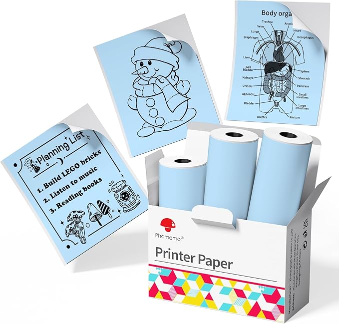 Phomemo Blue Self-Adhesive Thermal Paper, Glossy Printable Sticker Paper for Phomemo T02/T02Pro/Q02E/M02X/Y02C/Q02 Mini Sticker Printer, 50mm x 3.5m, Diameter 28mm, 3-Rolls, Image Time 20 Years