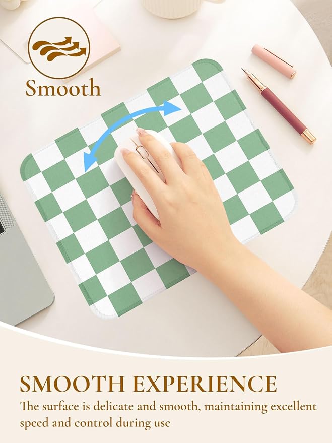 Square Cute Checkered Mouse Pad with Stitched Edge, Premium Waterproof Cloth Aesthetic Small Plaid Mouse Mat, Non-Slip Rubber Base Funny Mousepad Desk Accessories,Checkerd Green White