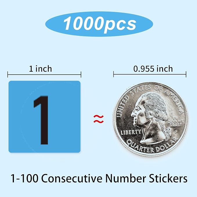 STARLIBOO 1 to 100 Consecutive Number Stickers,1 inch Square Small Number Stickers Labels for Inventory, Storage, Organizing, Boxes, Bins, Toolbox, Locker (1000 Labels, Blue)