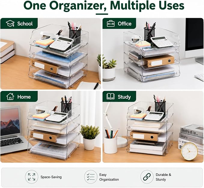 Clear Acrylic Paper Tray, 4 Tier Paper Organizer for Desk | Clear 4-tier organizer for files, folders & documents. Keeps desks tidy with easy-access vertical storage for office or home.