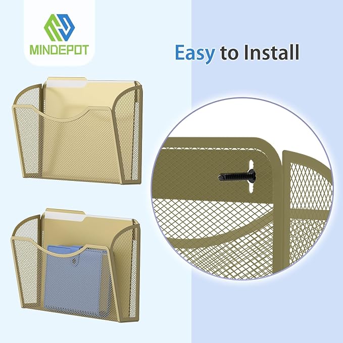 MINDEPOT Wall File Organizer, Hanging Wall File Holder, 2 Pack, Gold | Heavy Duty Iron, Metal Mesh Wall Mount, Single Pocket, Mail Organizer, for Office School Classroom Home, Letter A4 Size