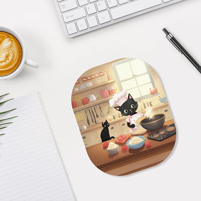 Small Mouse Pad, 6 x 7 Inch, Oval Mini Mouse Pad with Non-Slip Rubber Base for Laptop Wireless Mouse Keyboard Tray Mousepad, Cooking Cat
