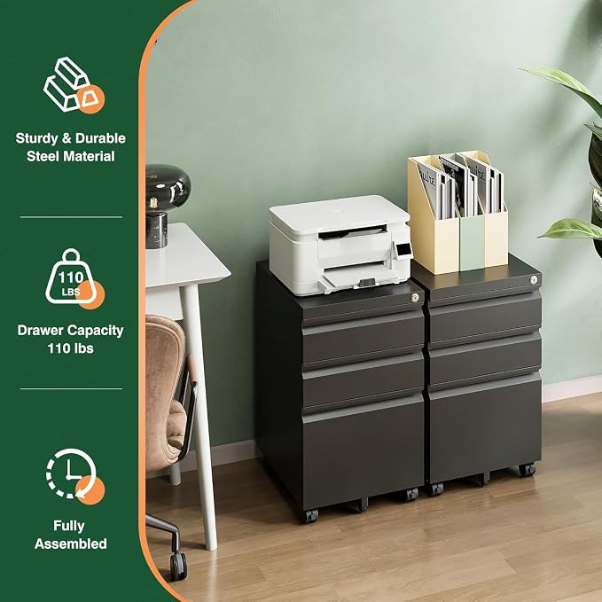 3 Drawer Mobile File Cabinet with Lock,Under Desk Metal Filing Cabinets for Home Office Organizer Letters/Legal/A4((Fully Assembled-Black)
