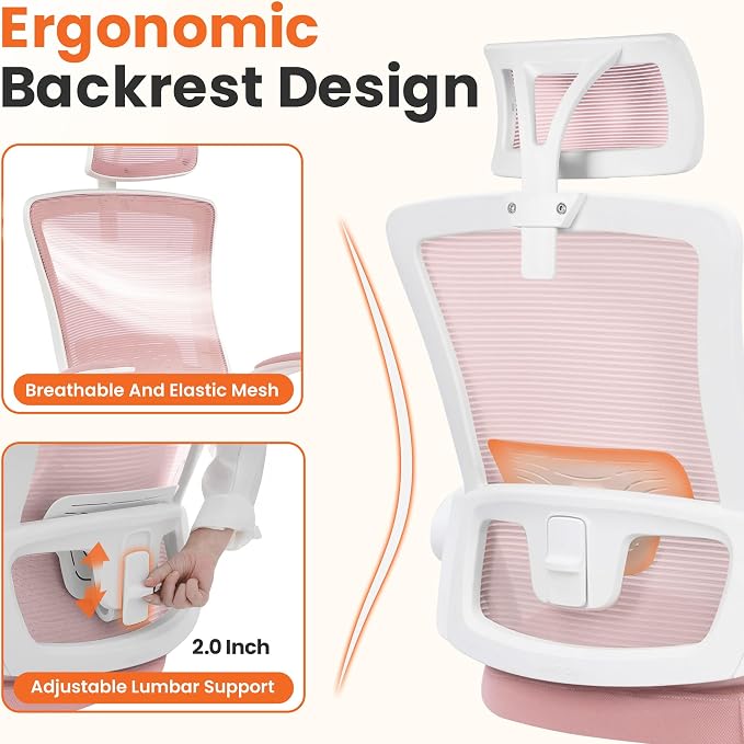 NEO CHAIR Office Desk Chair with Ergonomic High Back Mesh Headrest, Pink | Adjustable Headrest and Lumbar Support with Flip-Up Armrests Designed for Extended Sitting Comfort While Saving Space