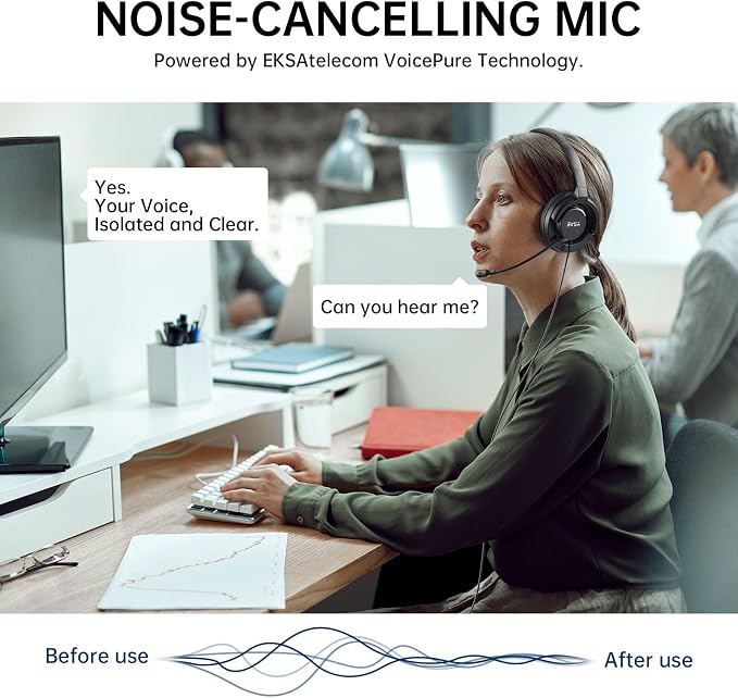 EKSA H27 USB Computer Headset with Microphone for Work, PC Headset with Noise Cancelling Mic, Wired Over-Ear Headphones with in-Line Controls, USB Headset for PC/Computer/Laptop/Call Center/Office