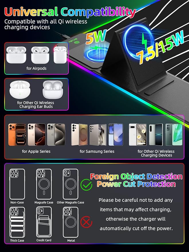 Mouse Pad with Foldable Phone Holder & Wireless Charger, XXL RGB Gaming Mousepad 31.5"x15.8" Large Desk Mat for Keyboard, Black Desk Pad with Dual Qi Charging Station | 11 Colors 5 Modes