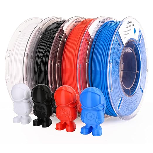 AMOLEN PLA 3D Printing Filament Bundle 1.75mm, Black White Red Blue 250g X 4 Spools Pack 3D Printier Filament, 1KG/2.2 lb in Total, Compatible with Most FDM Printer and 3D Pen