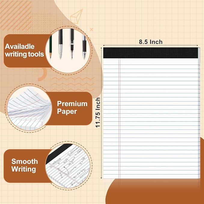 Legal Pads 8.5 X11.75, Narrow Ruled Notepads, 6 Pack White Legal Pads | Tear Off Notepad, Perforated Writing Pad, Notebook Paper College Ruled, Notepads for Office Home School, 30 Sheet/Pad