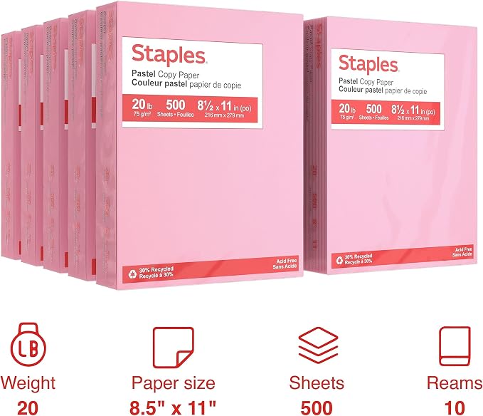 Staples Pastel 30% Recycled 8.5" x 11" Color Copy Paper, 20 Lbs., Pink, 5000 Sheets/Carton