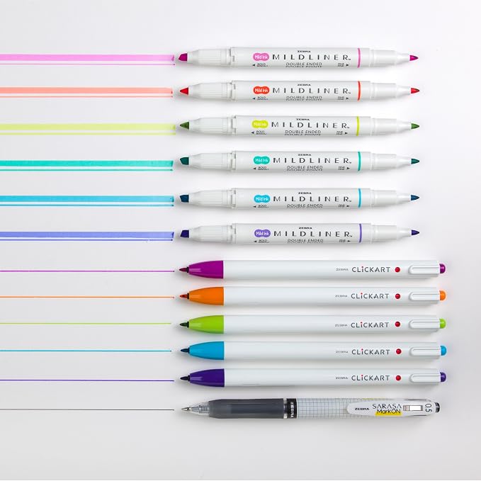 Zebra Pen Notetaking Set, MILDLINER, CLiCKART & SARASA, Assorted, 12-Pack | Includes 6 MILDLINER Highlighters, 5 CLiCKART Felt Tip Pens & 1 SARASA MarkOn Pen, Ideal for Bible Study & Note-Taking (12012