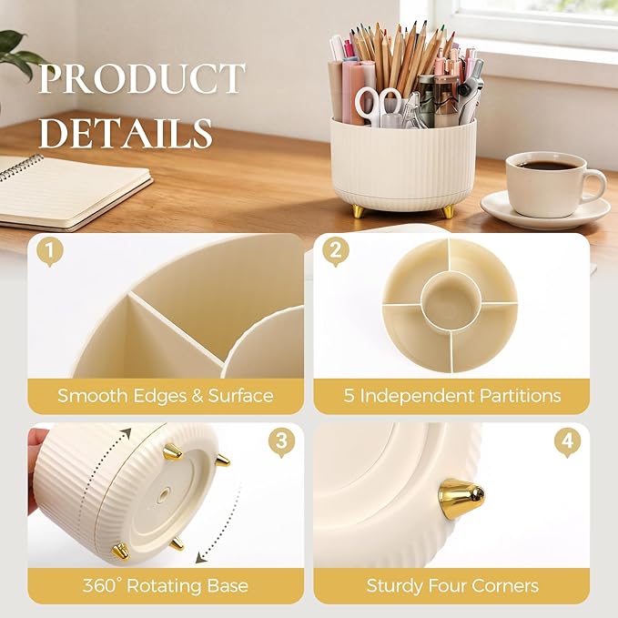 Pencil Pen Holder for Desk, 5 Slots 360 - Degree Rotating Desktop Organizer, Cute Desk Organizers and Accessories for School, Home, Office and Art Supply, Beige