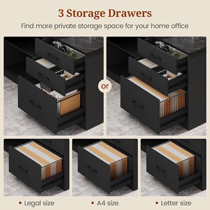 71" Executive Desk, Large Office Desk with Drawers & Storage Shelves, Modern L Shaped Computer Desk Corner Desk with Power Outlets, File Cabinet, Business Furniture Desk Workstation (Black)