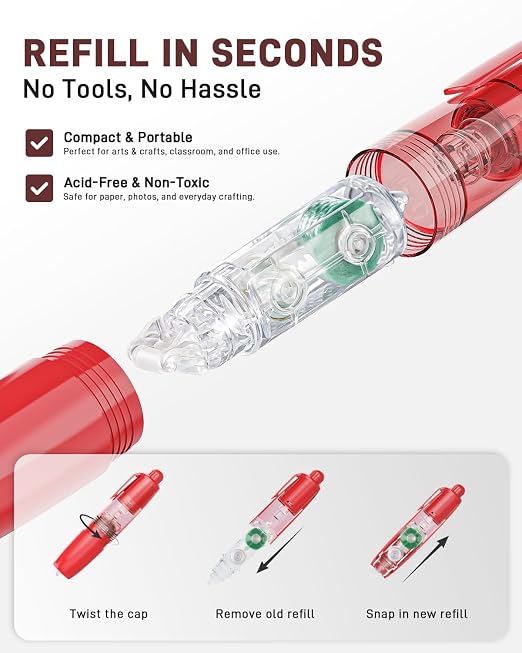 16 Pack Retractable Double-Sided Tape Roller with Glue Dots, Refillable Acid-Free Scrapbook Tape, 360° Rotatable Tip for Gift Wrapping, Photos & DIY Crafts, Office & School Supplies