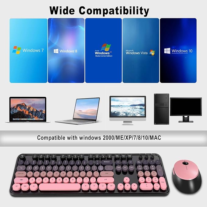 Cute Typewriter Wireless Keyboard and Mouse Combo Black and Pink | Full Size With Number Pad & Mouse,Compatible With All Windows,Ideal For Windows,1600DPI,Computer, PC, Notebook, Laptop