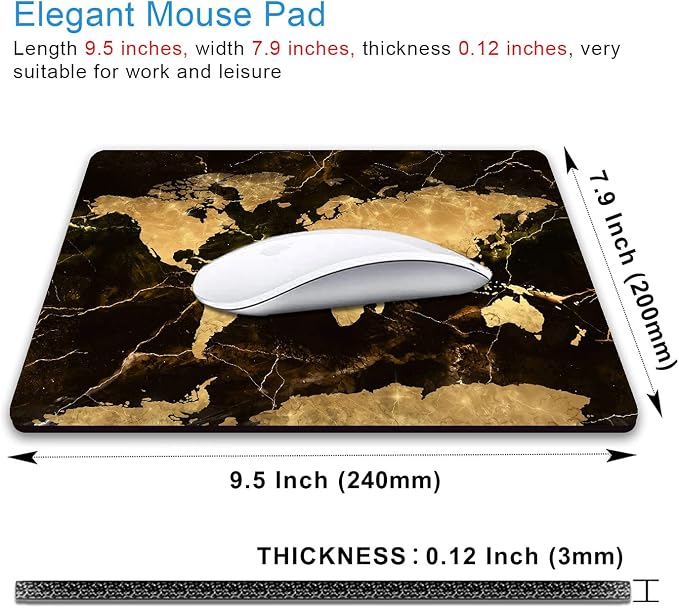 Square Mouse Pad, World Map Mouse Pad, Black Gold Marble Mousepad, Non-Slip Rubber Mouse Pad, Vintage Map Design Mouse Pads for Office, Work, Men, 9.5 x 7.9 Inch