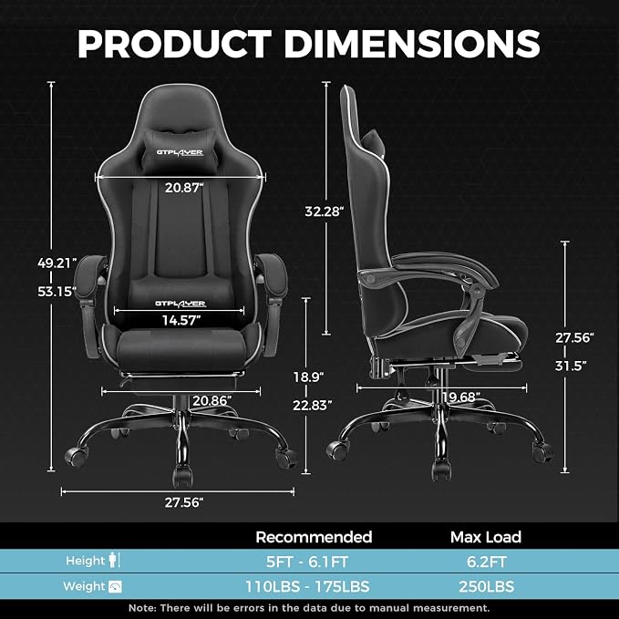 GTPLAYER Gaming Chair, Computer Chair with Footrest and Lumbar Support, Height Adjustable Game Chair with 360°-Swivel Seat and Headrest and for Office or Gaming (All Black-Fabric)