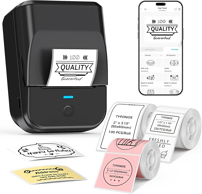 PM240 Label Maker Machine with 3 Tapes, Label Printer Black, Set 1 | 2'' Bluetooth Thermal Sticker Label Maker for Small Business, School Supplies, Classroom, Home Office with Multiple Templates