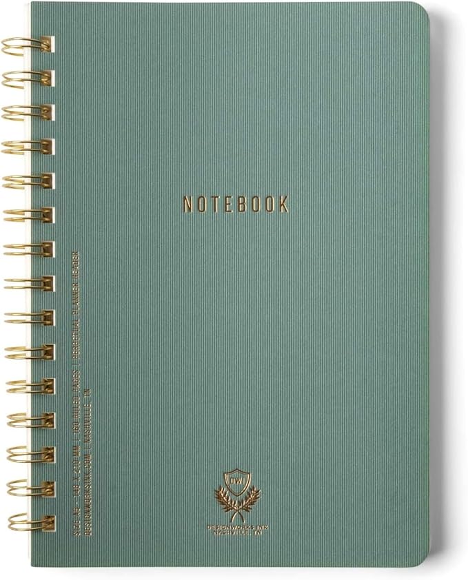 DesignWorks Ink Textured Paper Twin Wire Notebook, Daily Planner & Soft Cover Writing Journal, 160 Lined Perforated Pages, Small Spiral Notebook for Work & Journaling, 6 x 8.25 in, Juniper Green
