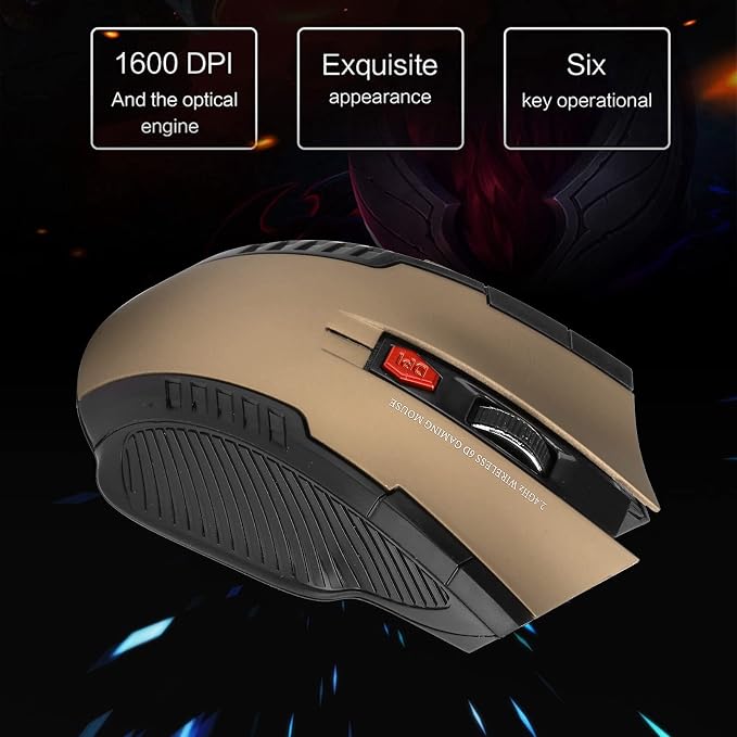 Mechanical Gaming 2.4G Mouse, 1000/1200/1600 3-Speed DPI Ergonomic Mouse with A USB Receiver, for Office/Home/Desktop/Computer/Notebook (Gold)