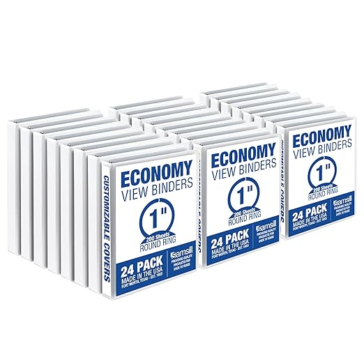 Samsill 1 Inch 3 Ring Binders, Economy Round Ring, Clear View Cover, 200 Sheet Capacity - for School, Home, Office - White, 24 Pack