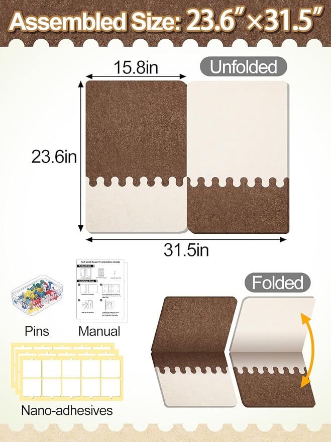 2Pcs Thickened Felt Bulletin Board for Home Office Wall Decor, 23.6x15.8in | Create a Comfy, Personalized Office, 2-Tone Vision Pin Board with Pins & Nano Tapes, Cork Boards Alternative, Brown/Camel